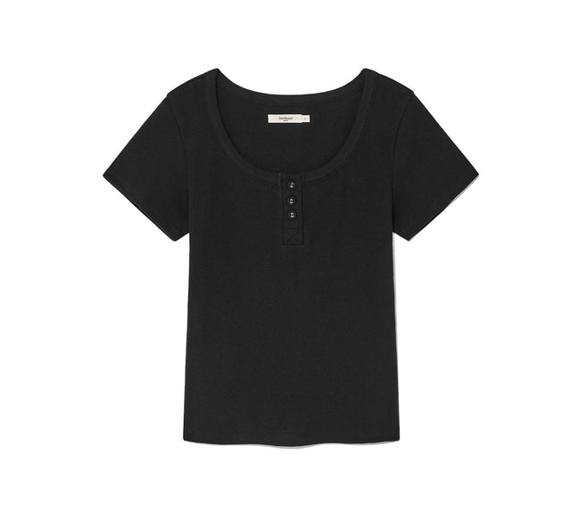 COLLECTION VINTAGE EYELET BUTTON TEE - Black