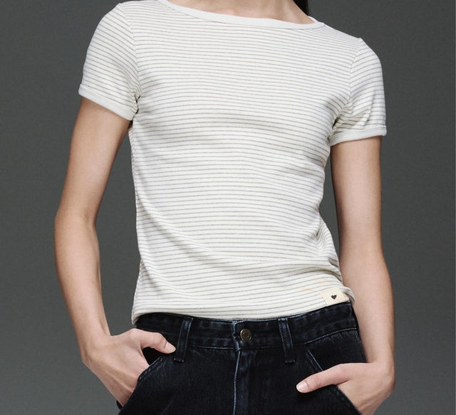 CLASSIC BOAT NECK BOXY TEE - Stripe Brown